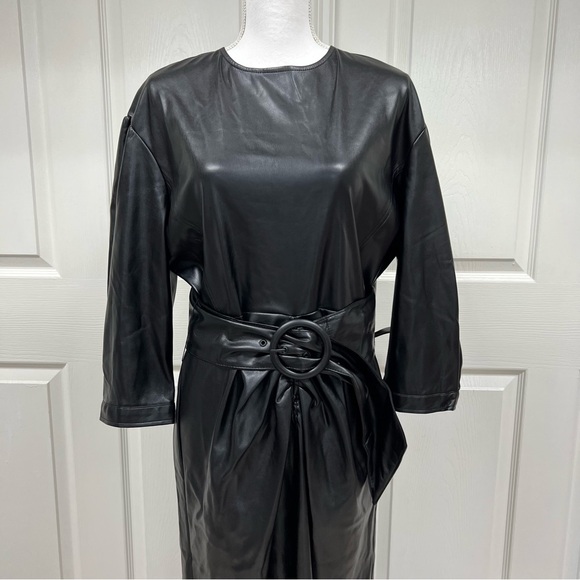 Zara Bloggers Favorite Black Faux Leather Draped Midi Dress Size L - Picture 8 of 16